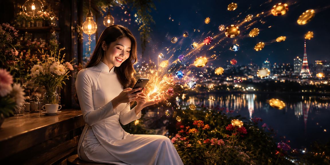 Người phụ nữ Đà Lạt mặc áo dài chơi casino trên điện thoại trong không gian hiện đại