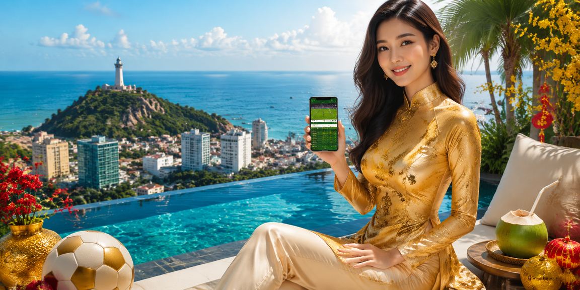 Người phụ nữ mặc áo dài tại Vũng Tàu sử dụng ứng dụng casino trên điện thoại